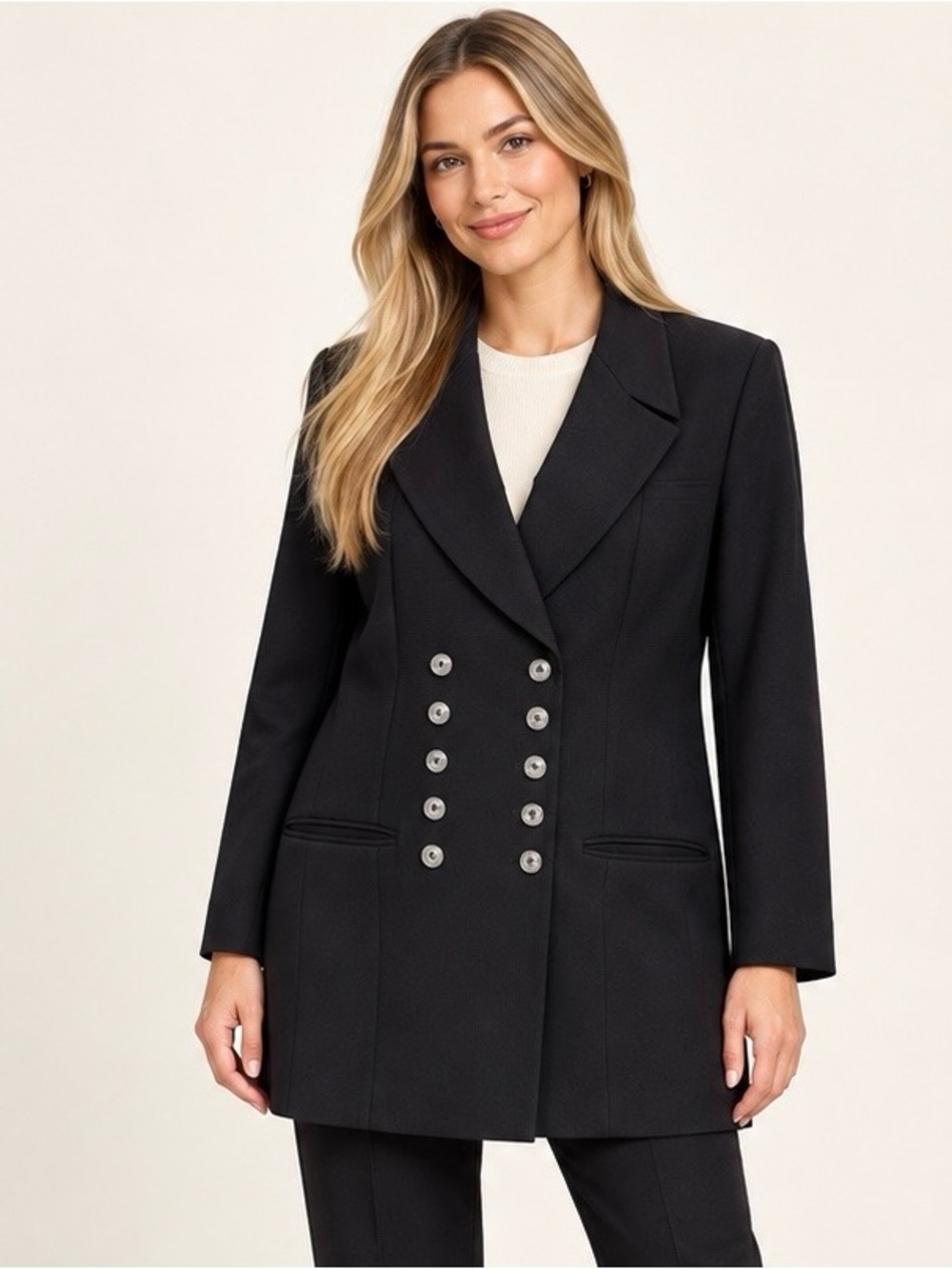 JV London Women’s Black Longline Double Breasted Blazer Made England Sz 12